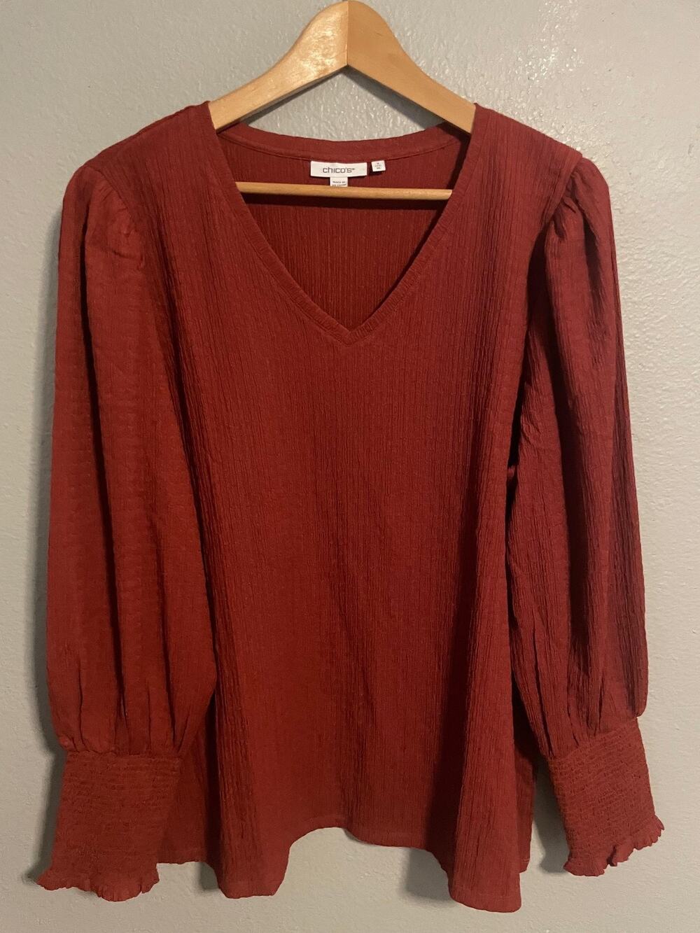 Chicos Womens Tunic Size 3 US XL Red V Neck Crinkle Knit Stretch Boho Peasant